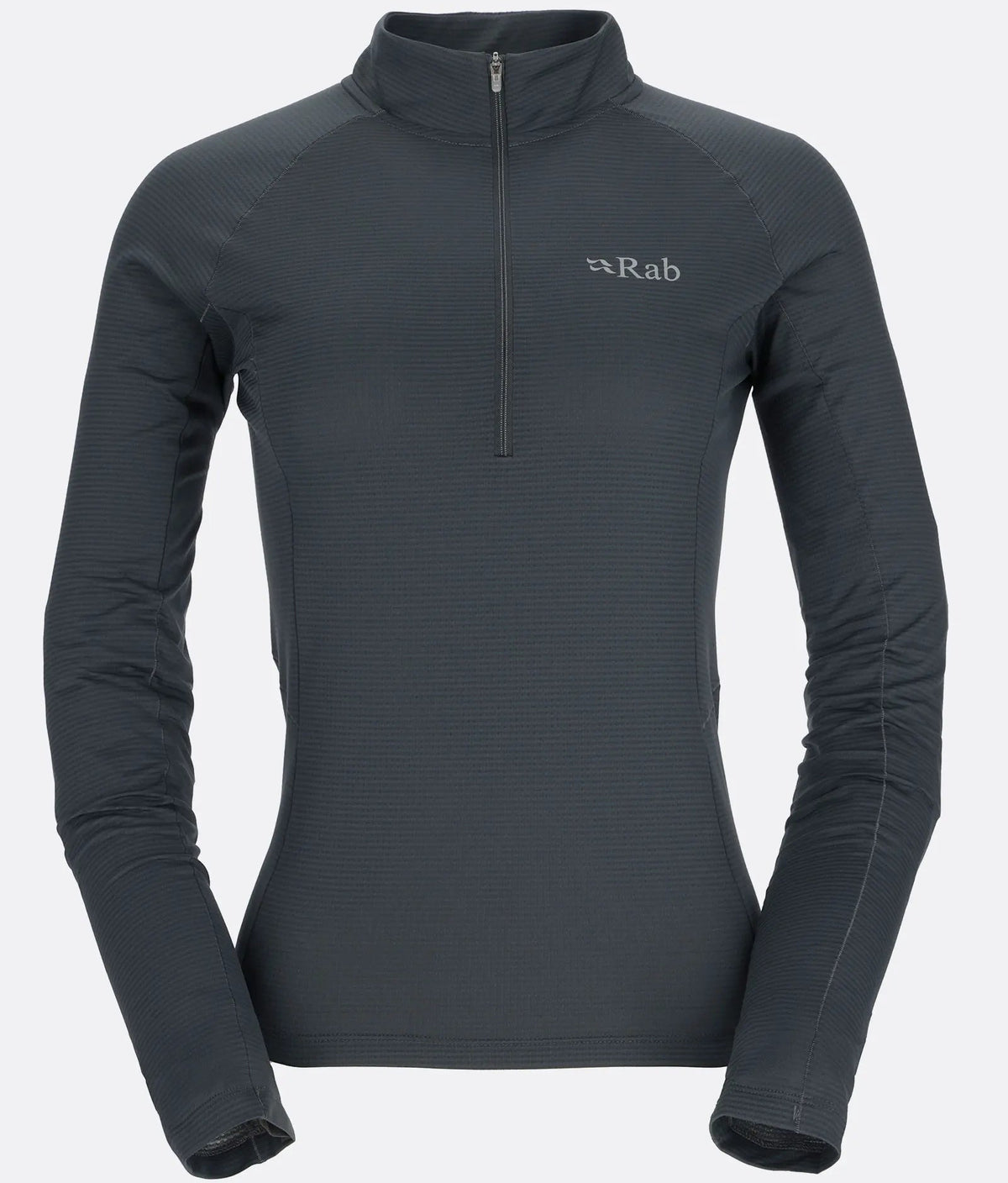 Dark gray long-sleeve shirt with a quarter zip on a white background, featuring the Rab logo.