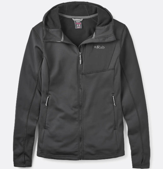 Dark gray jacket with a hood on a light gray background