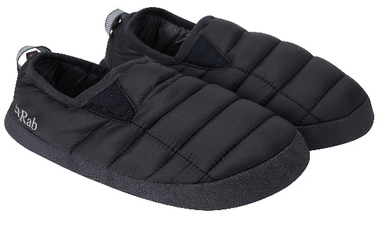 A pair of black plush-soled slippers designed for outdoor use, featuring a water and abrasion-resistant Pertex Quantum fabric outerwear and a rubber EVA sole unit for comfort.