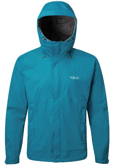 Blue rain jacket with a brand logo on a white background