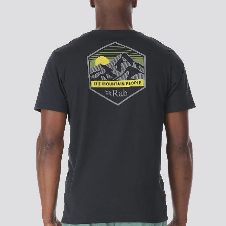 A black Stance branded t-shirt with a graphic of mountains and the text 'THE MOUNTAIN PEOPLE' on the back.