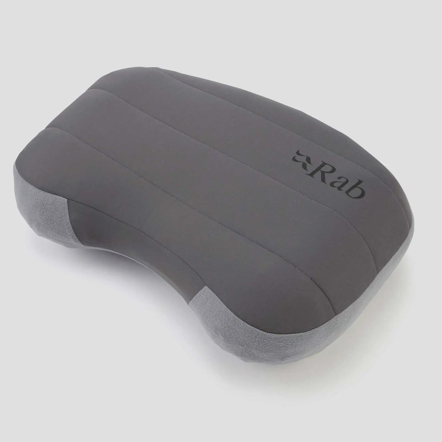 Grey blow up pillow with Rab logo on a white background