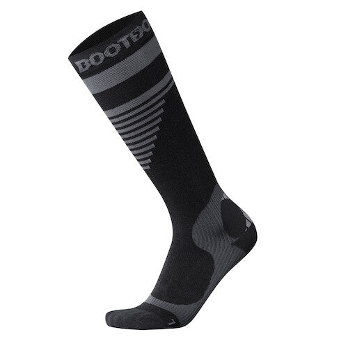 Black and gray sock with 'Boots' branding on a white background