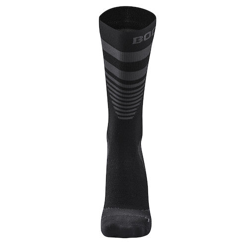 Black sock with gray stripes on a white background