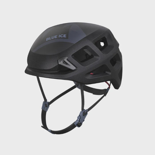 Black climbing helmet with 'Blue Ice' branding on a white background