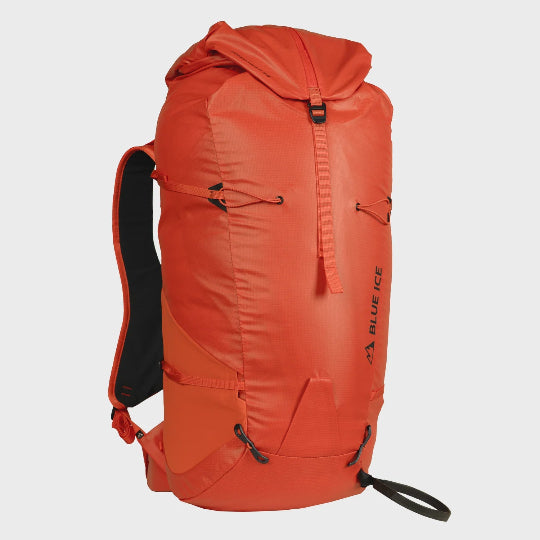 Orange backpack with 'Blue Ice' branding on a white background