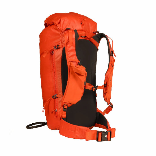 Orange and black backpack on a white background
