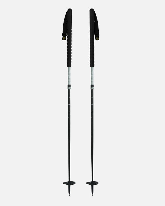 Two black ski poles on a white background