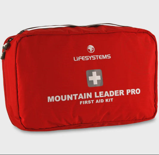 Red first aid kit with 'Lifesystems' branding on a light gray background