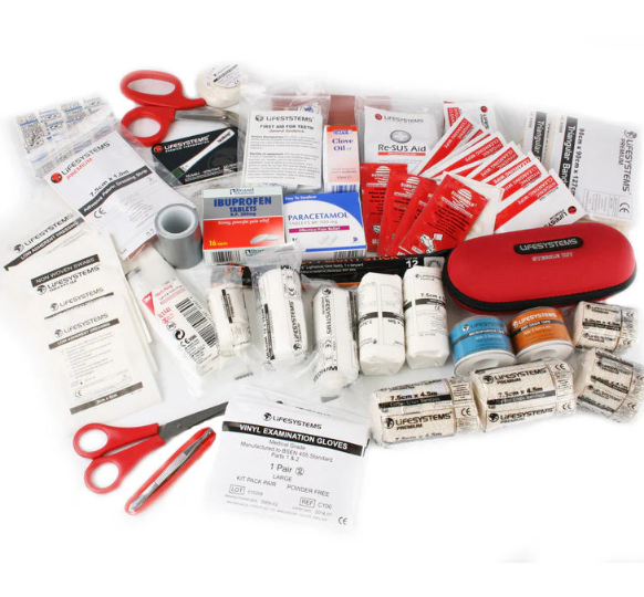 First aid kit with various supplies on a white background