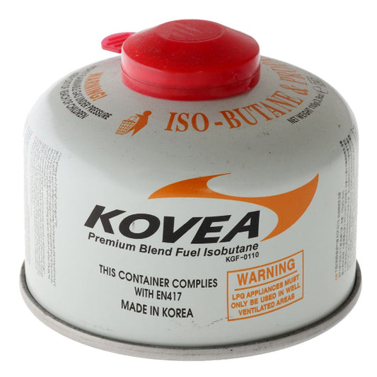 Kovea iso-butane fuel canister with red cap on a white background