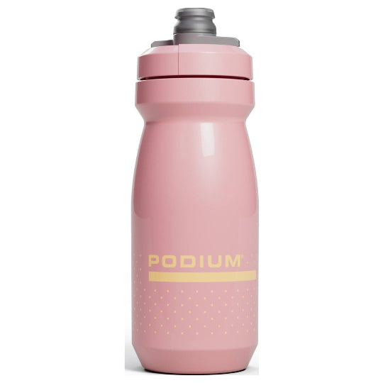 Pink water bottle with 'Podium' branding on a white background