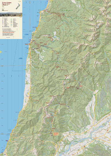 Topographic map of a coastal region with mountains and water bodies