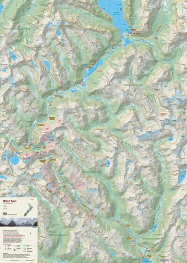 Topographic map of a mountainous area with greenery and water bodies