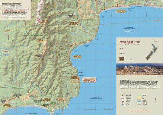 Map of the Hump Ridge Track with a scenic view on the right