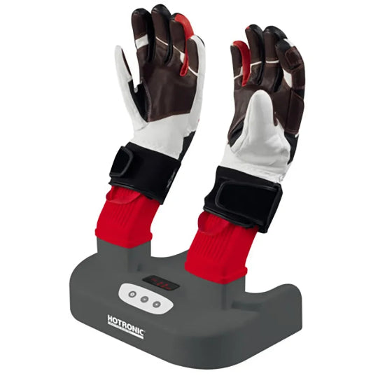 Pair of heated gloves with a charging stand on a white background