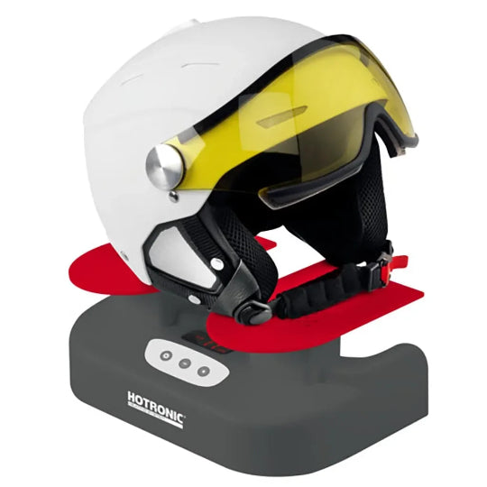 White helmet with yellow visor on a black and red stand with 'Hotronic' branding.