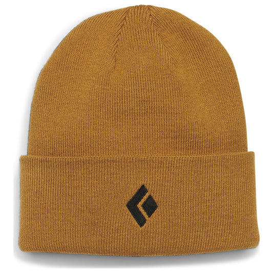 Brown knit beanie with a logo on a white background
