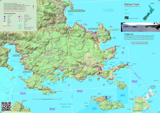 Map of a coastal region with green landmasses and blue water, featuring various labels and a QR code in the corner.