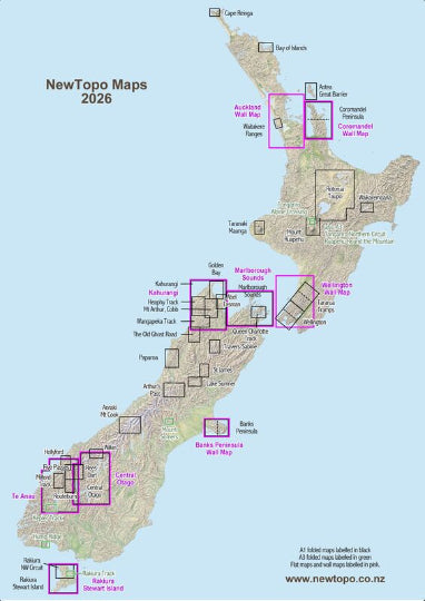Map of New Zealand with highlighted regions on a light blue background, featuring 'NewTopo Maps 2026' branding.