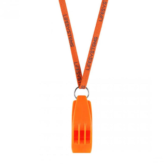 Orange whistle with a lanyard on a white background
