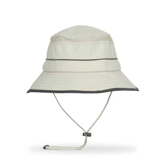 Beige bucket hat with a chin strap on a white background