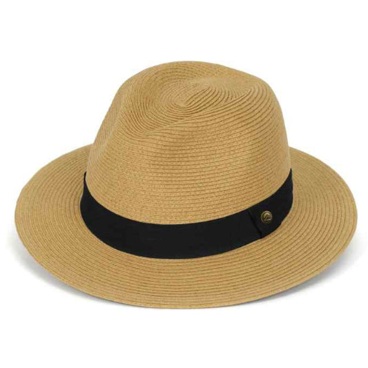 Beige straw hat with a black band on a white background