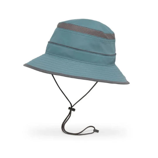 Teal bucket hat with gray brim and chin strap on a white background