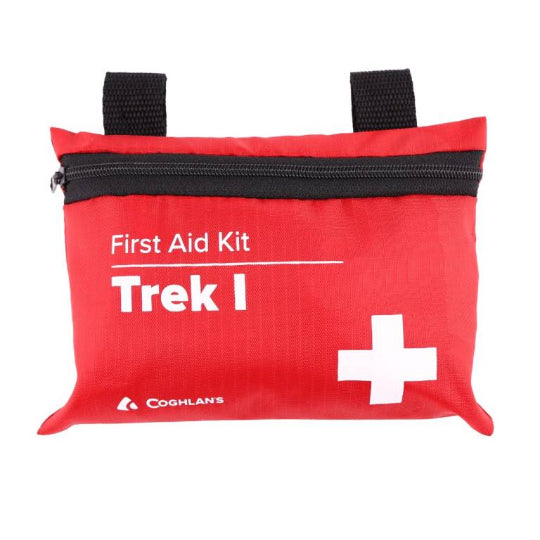 Red first aid kit labeled 'Trek I' with a white cross on a white background