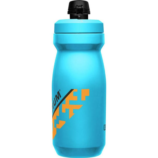 Blue water bottle with black and orange logo on a white background