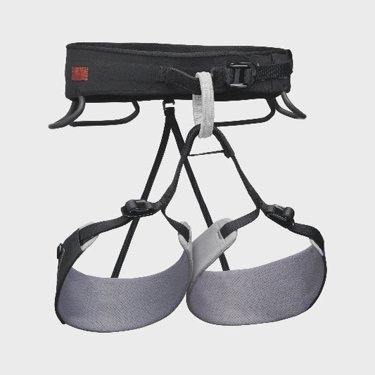 Climbing harness with black and gray straps on a light gray background