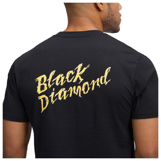 Black t-shirt with 'Black Diamond' text on the back worn by a person