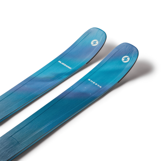 Two blue skis with a brand logo on a white background