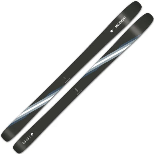 Pair of black skis with a blue and white design on a white background