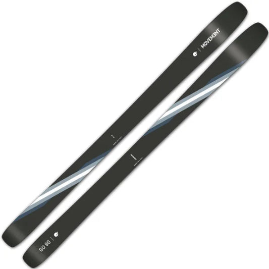 Pair of black skis with a blue and white design on a white background