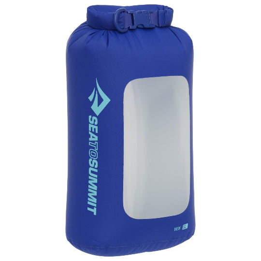 Blue dry bag with a clear window on a white background, featuring the Sea to Summit logo.