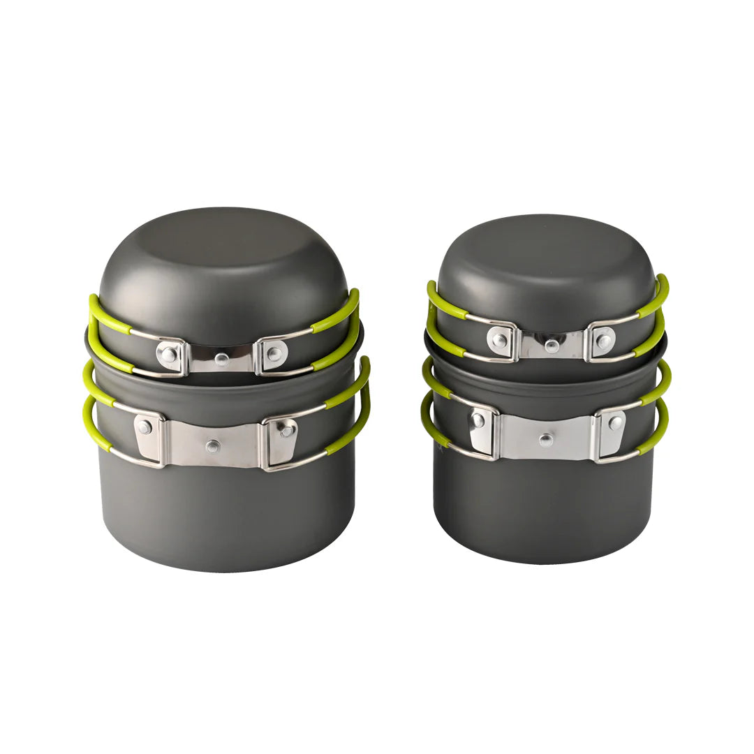 Two gray cookware pots with green straps on a white background