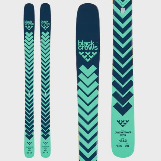 Green and blue skis with black crow logo on a light gray background