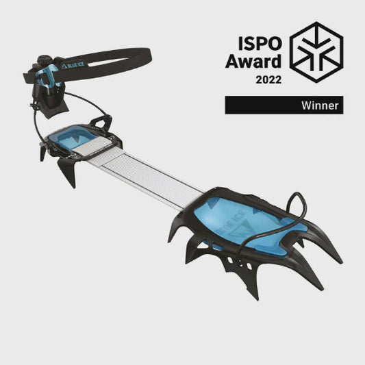 Climbing crampon with blue sole and black metal spikes, featuring ISPO Award 2022 winner badge on a white background.