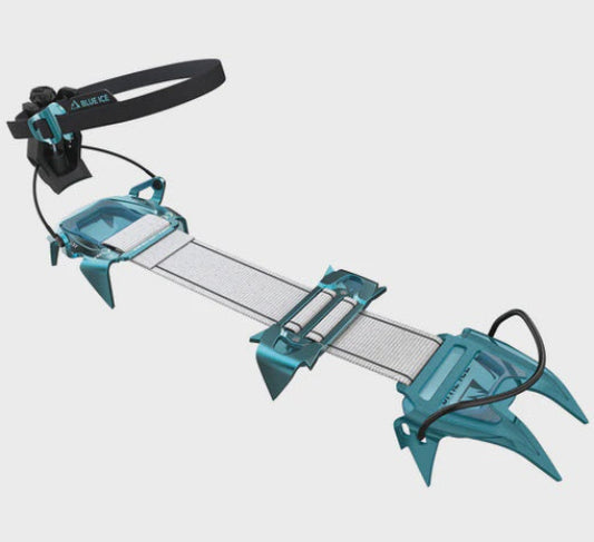 Ski touring crampons with spikes on a white background