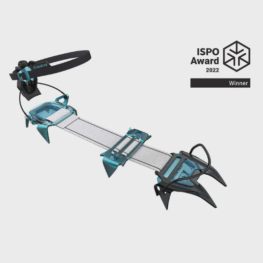 Climbing crampon with ISPO Award 2022 logo on a white background