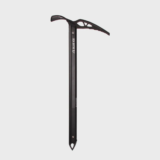 Black ice axe with 'BLUE ICE' branding on a white background