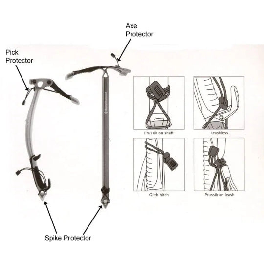 Diagram of a climbing axe with labeled parts and attachment methods.