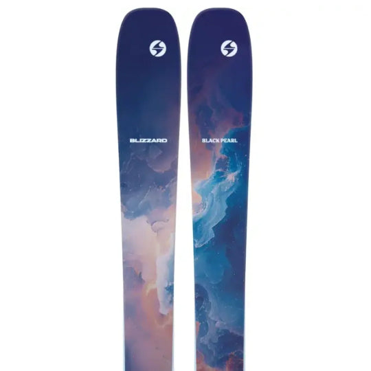 Two blue skis with a gradient design on a white background