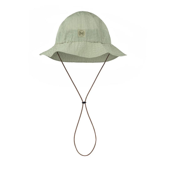 Pale green bucket hat with a strap on a white background