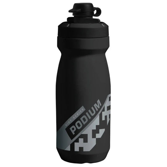 Black water bottle with 'Podium' branding on a white background