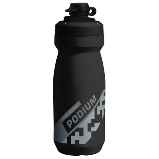 Black water bottle with 'Podium' branding on a white background