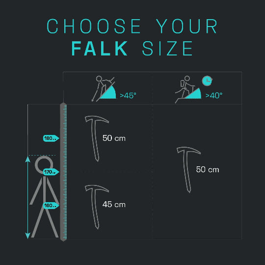 Chart for choosing Falk size with illustrations and measurements on a dark background
