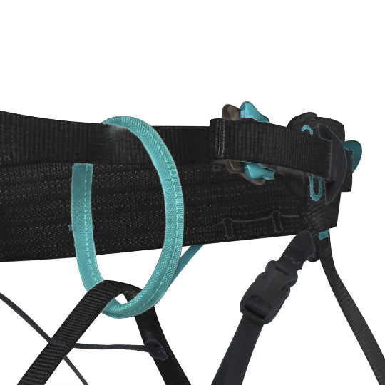 Close-up of a black belt with teal straps on a white background