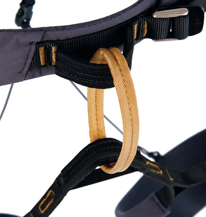 Close-up of a climbing harness with a beige cord, on a white background